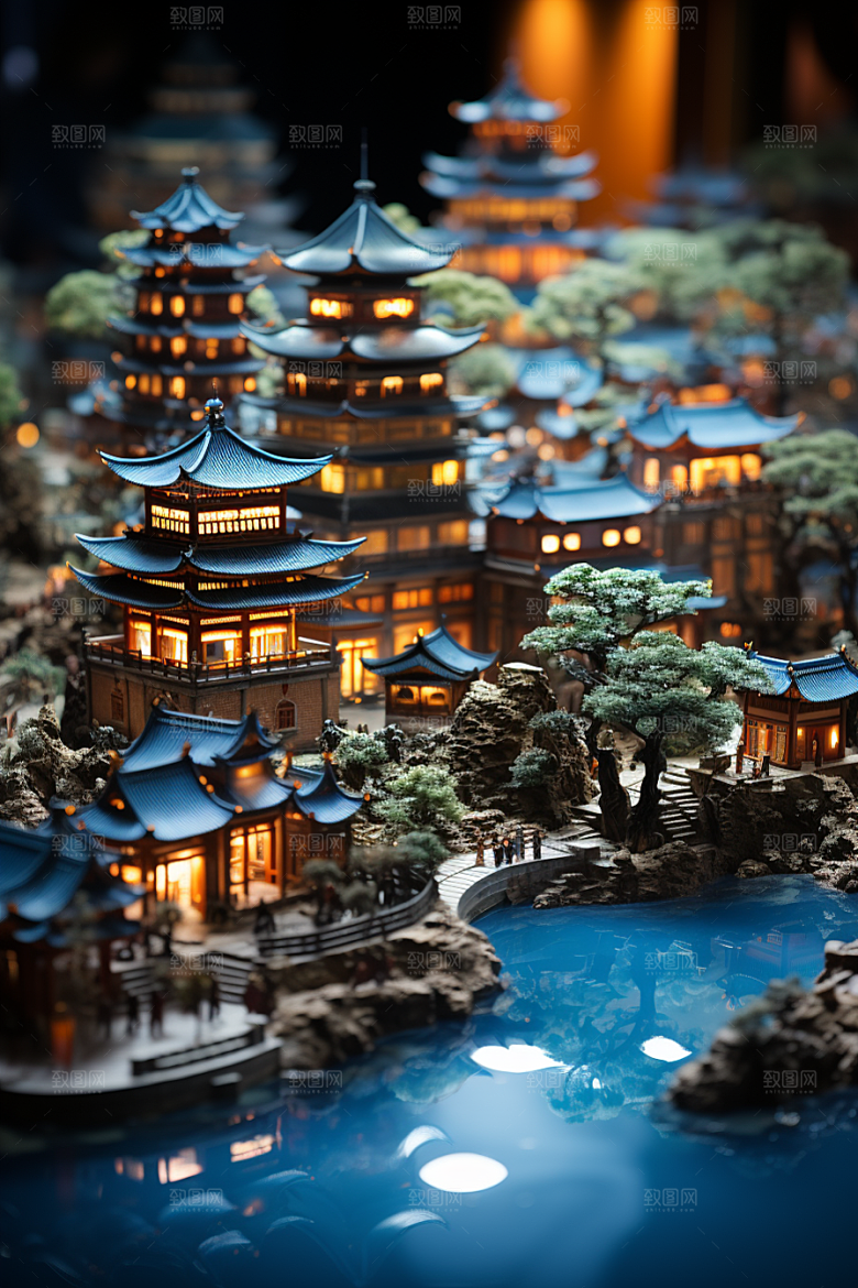 国潮光效建筑赛博朋克3D模型