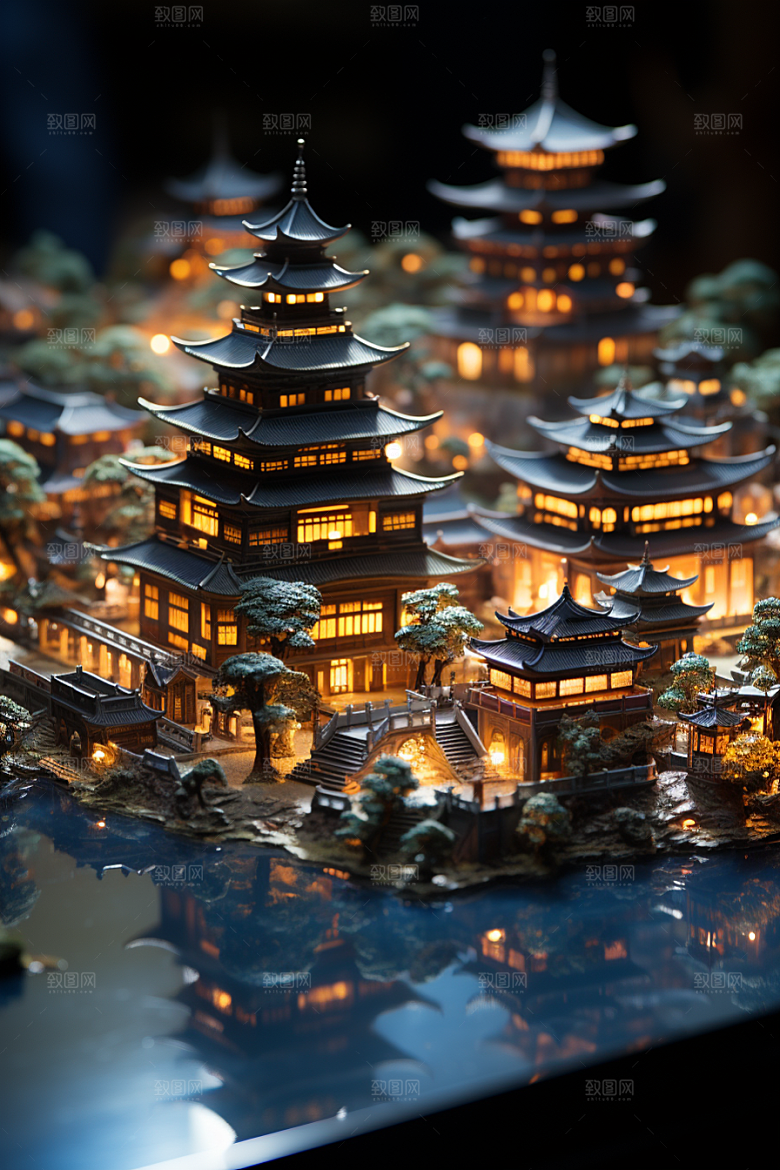 国潮光效建筑潮流幻想风模型