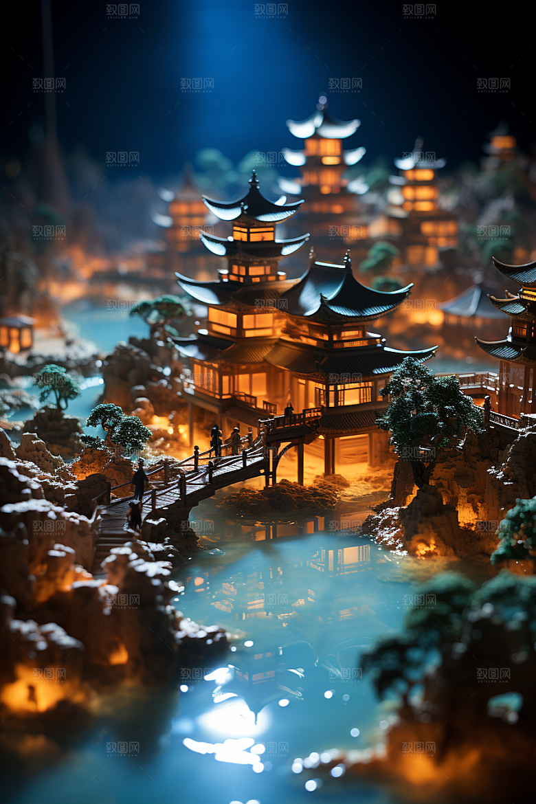国潮光效建筑幻想风传统模型