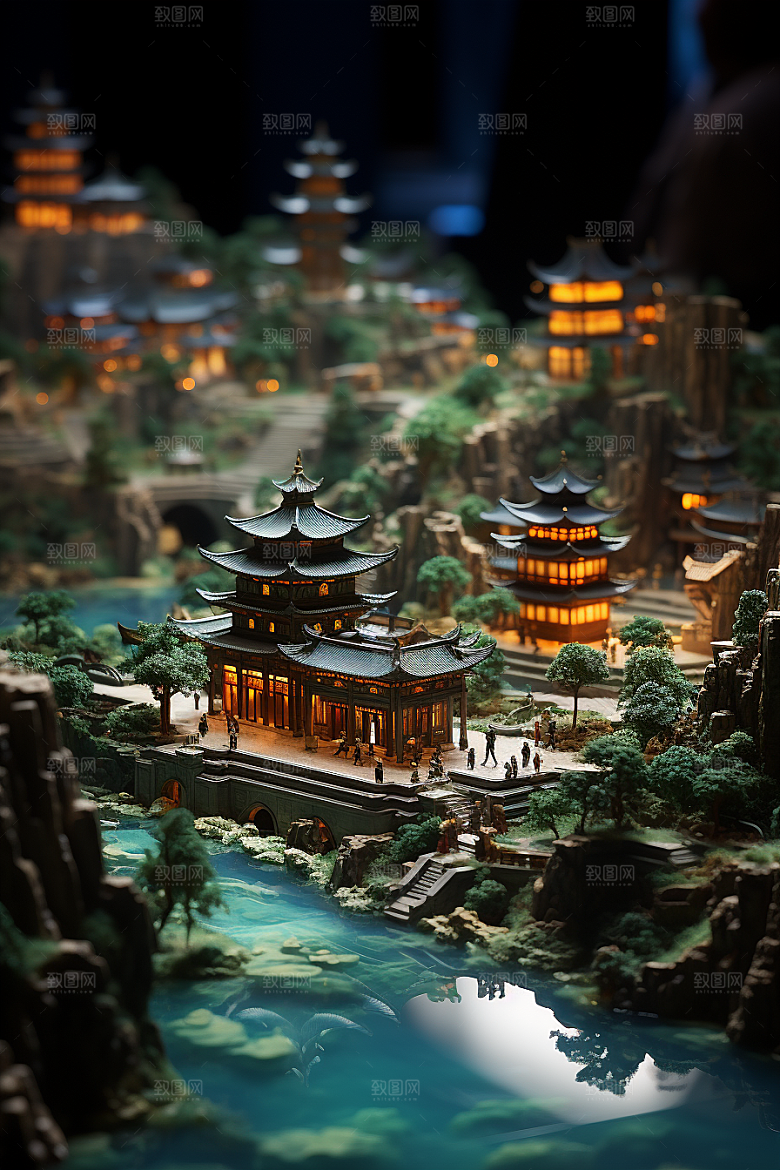 国潮光效建筑时尚立体模型