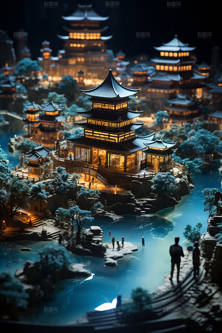 国潮光效建筑时尚幻想风模型