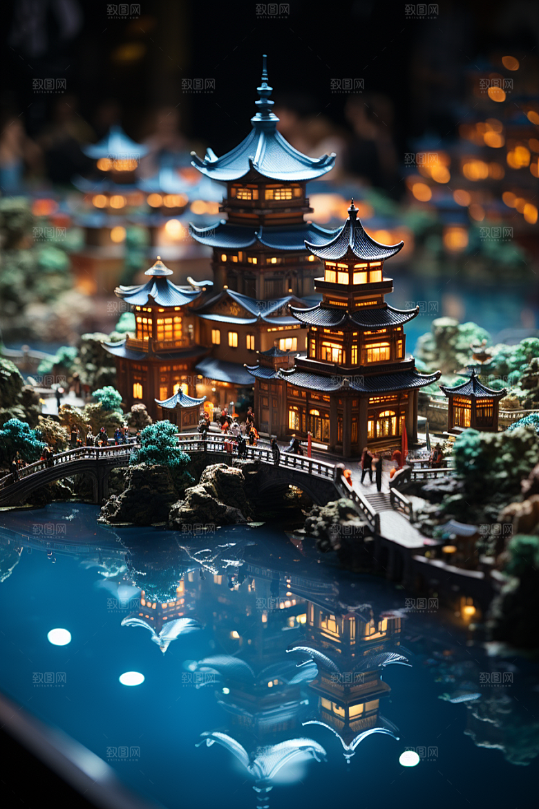 国潮光效建筑山水梦幻模型