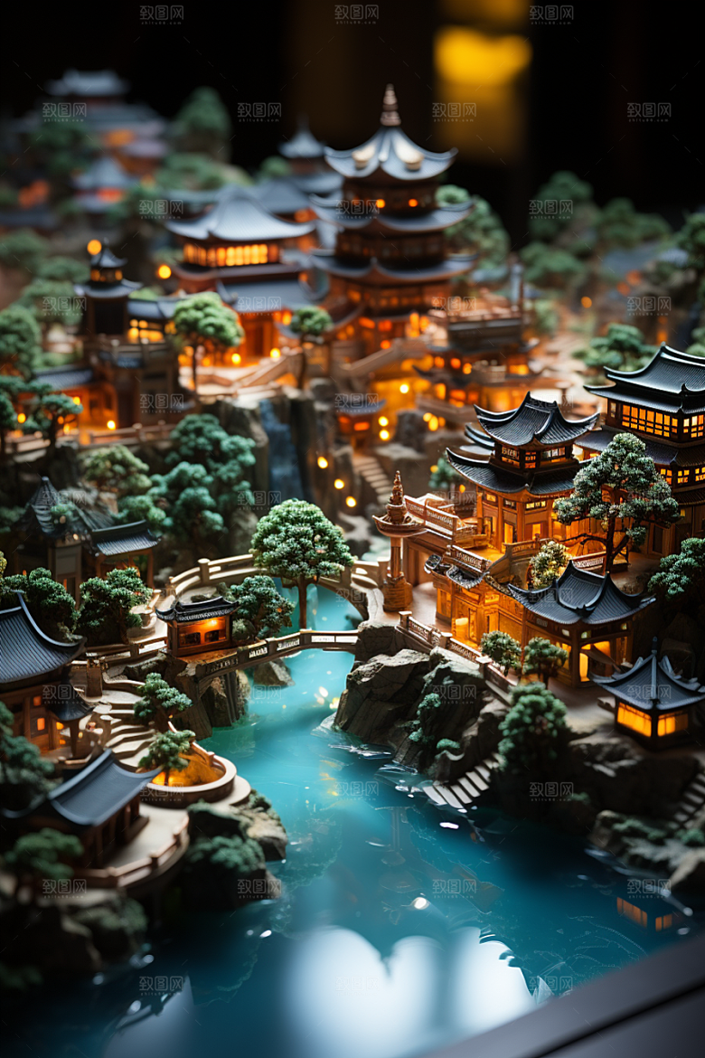 国潮光效建筑超现实山水模型
