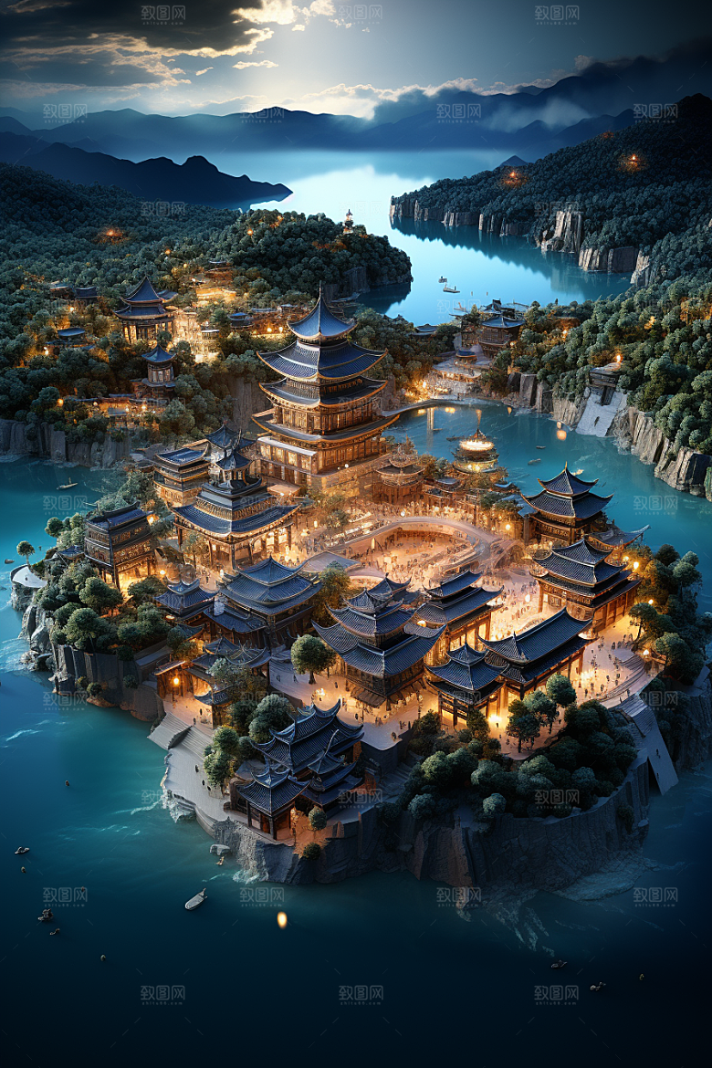 国潮光效建筑梦幻中国风模型
