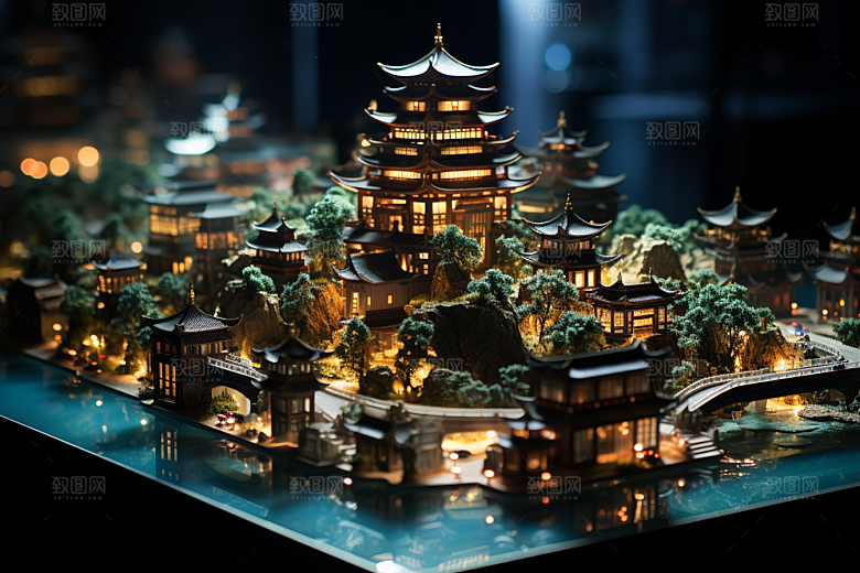国潮光效建筑超现实赛博朋克模型