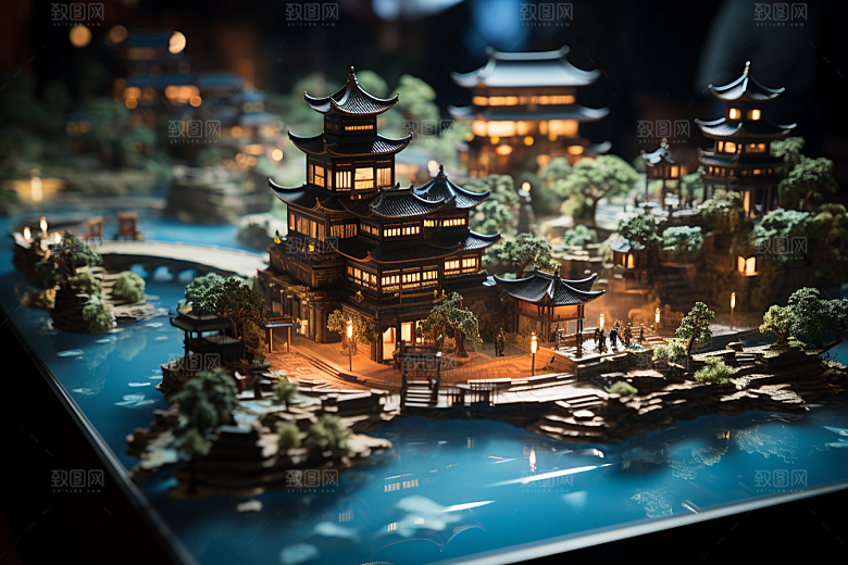 国潮光效建筑潮流时尚模型