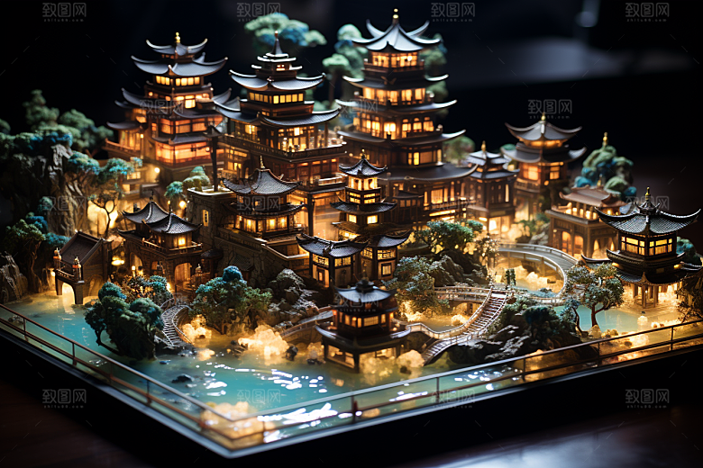 国潮光效建筑时尚高清模型