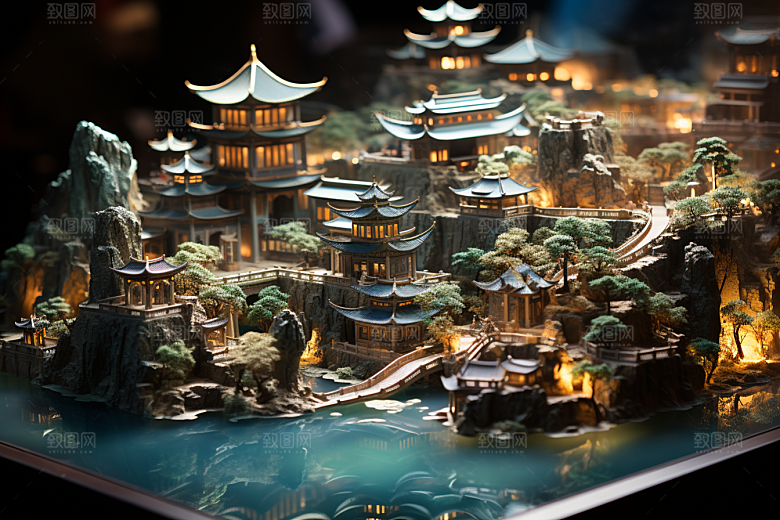 国潮光效建筑立体梦幻模型