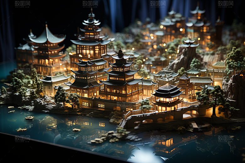 国潮光效建筑立体幻想风模型