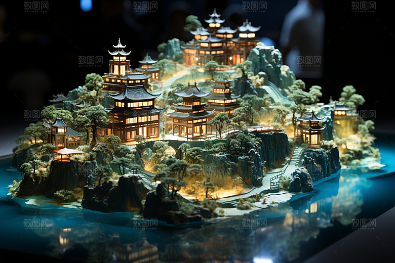 国潮光效建筑山水中国风模型