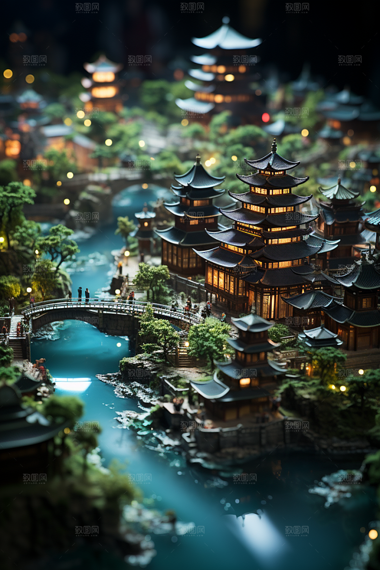 国潮光效建筑3D潮流模型