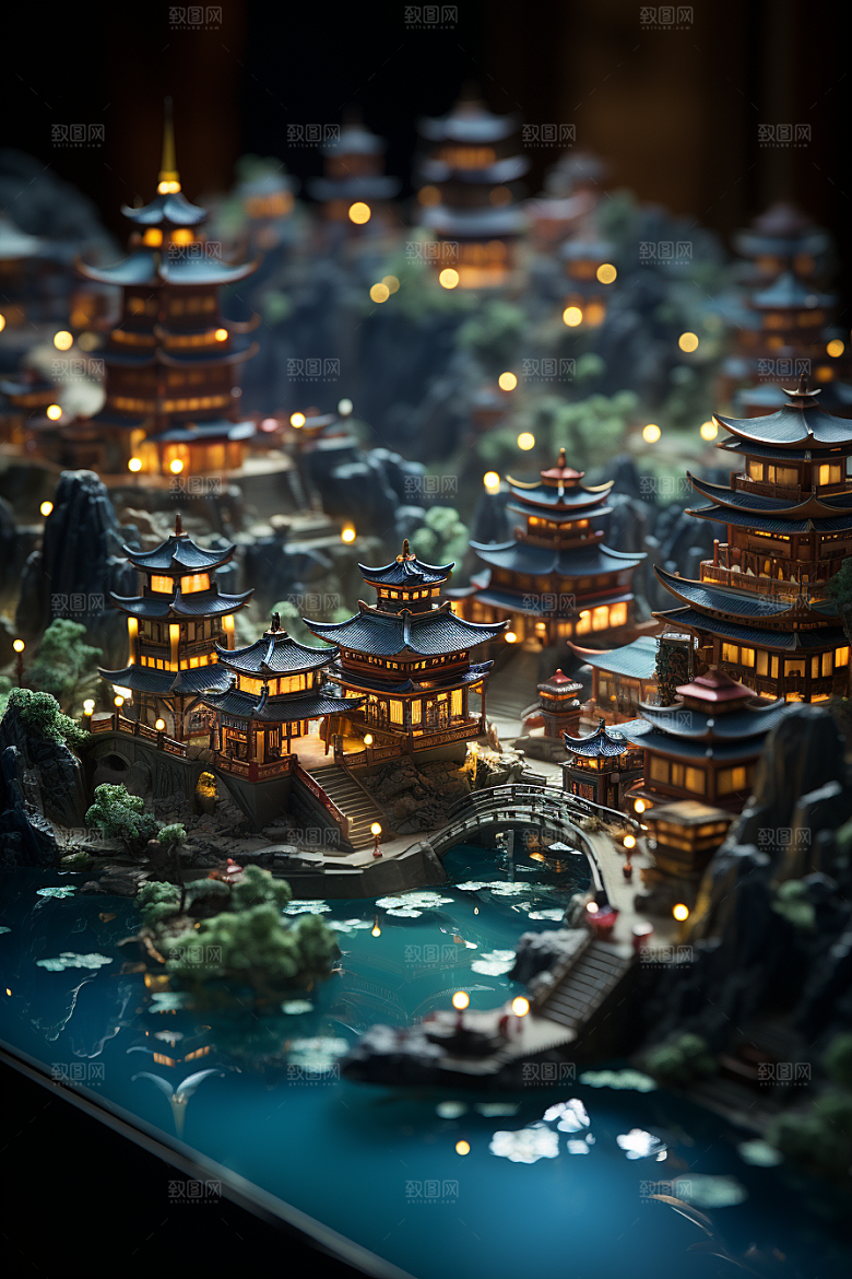 国潮光效建筑赛博朋克山水模型