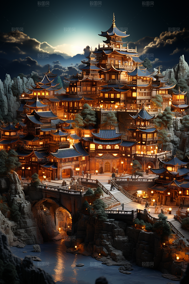 国潮光效建筑山水立体模型