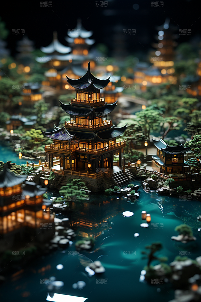 国潮光效建筑传统立体模型