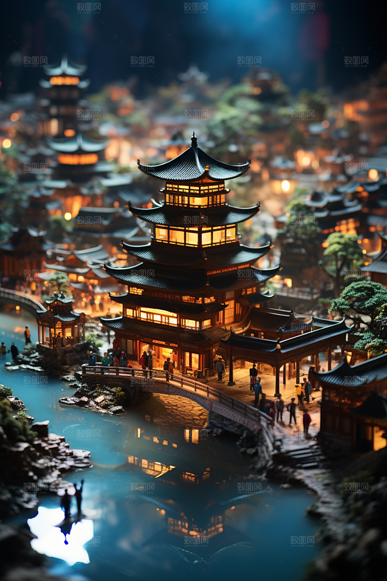 国潮光效建筑高清立体模型