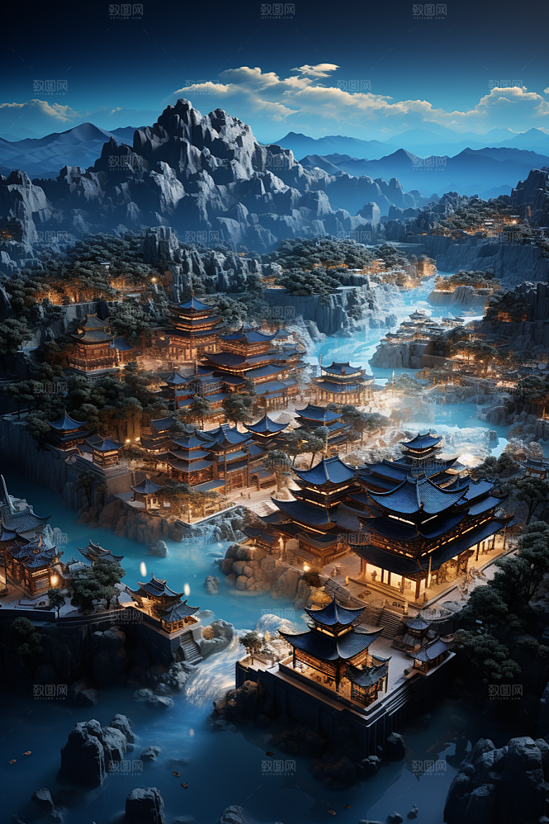 国潮光效建筑时尚山水模型