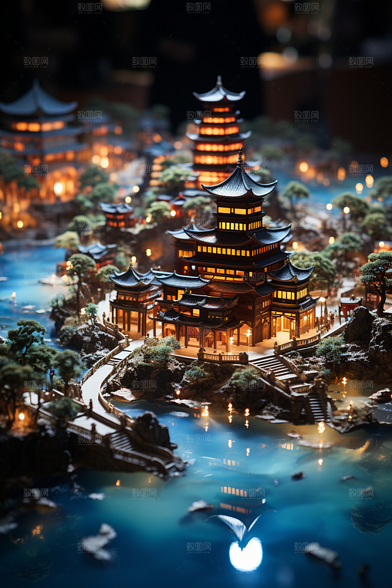 国潮光效建筑时尚山水模型