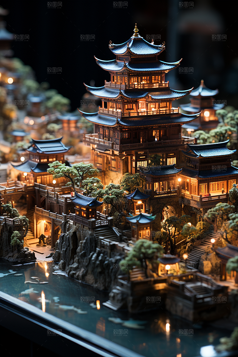国潮光效建筑潮流幻想风模型