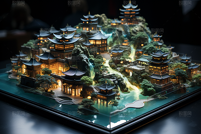 国潮光效建筑潮流中国风模型