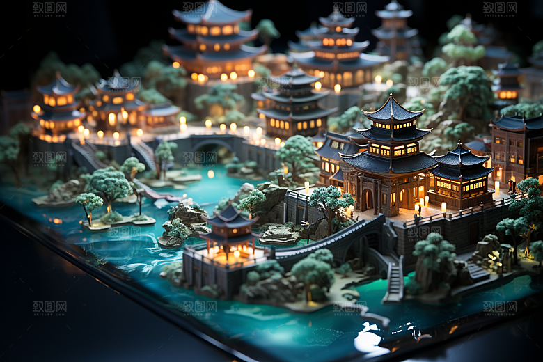 国潮光效建筑立体传统模型