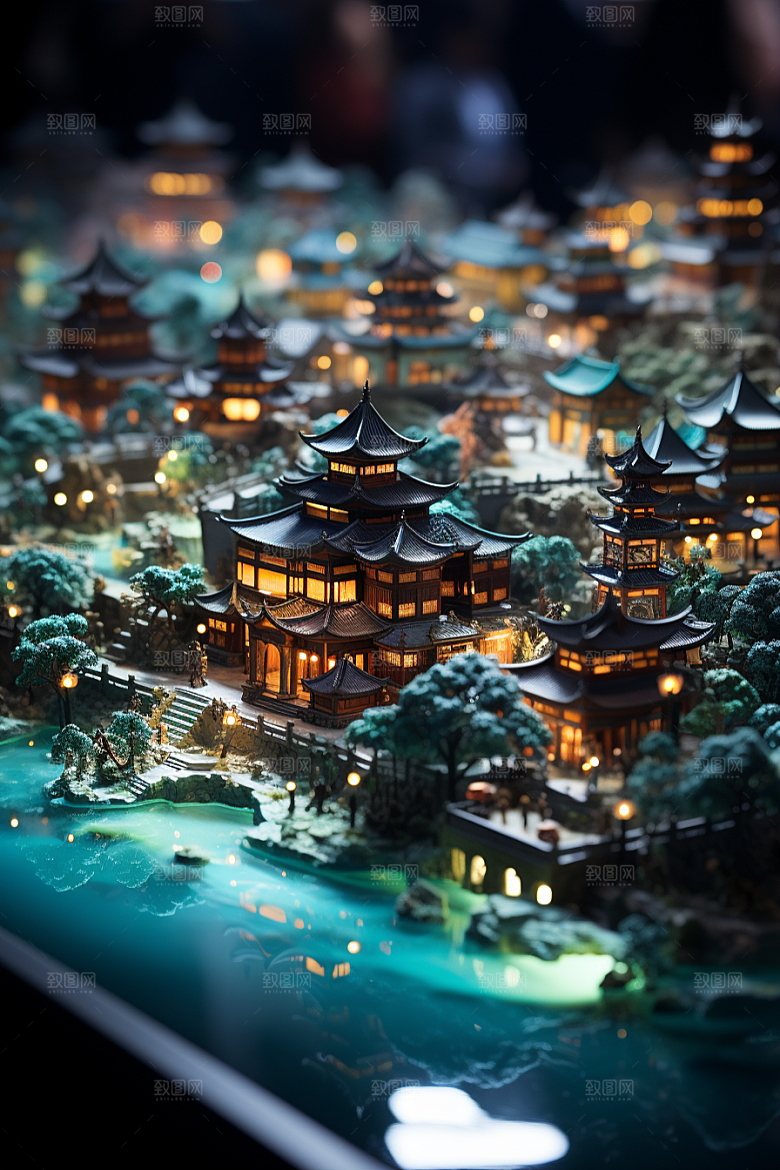 国潮光效建筑梦幻赛博朋克模型