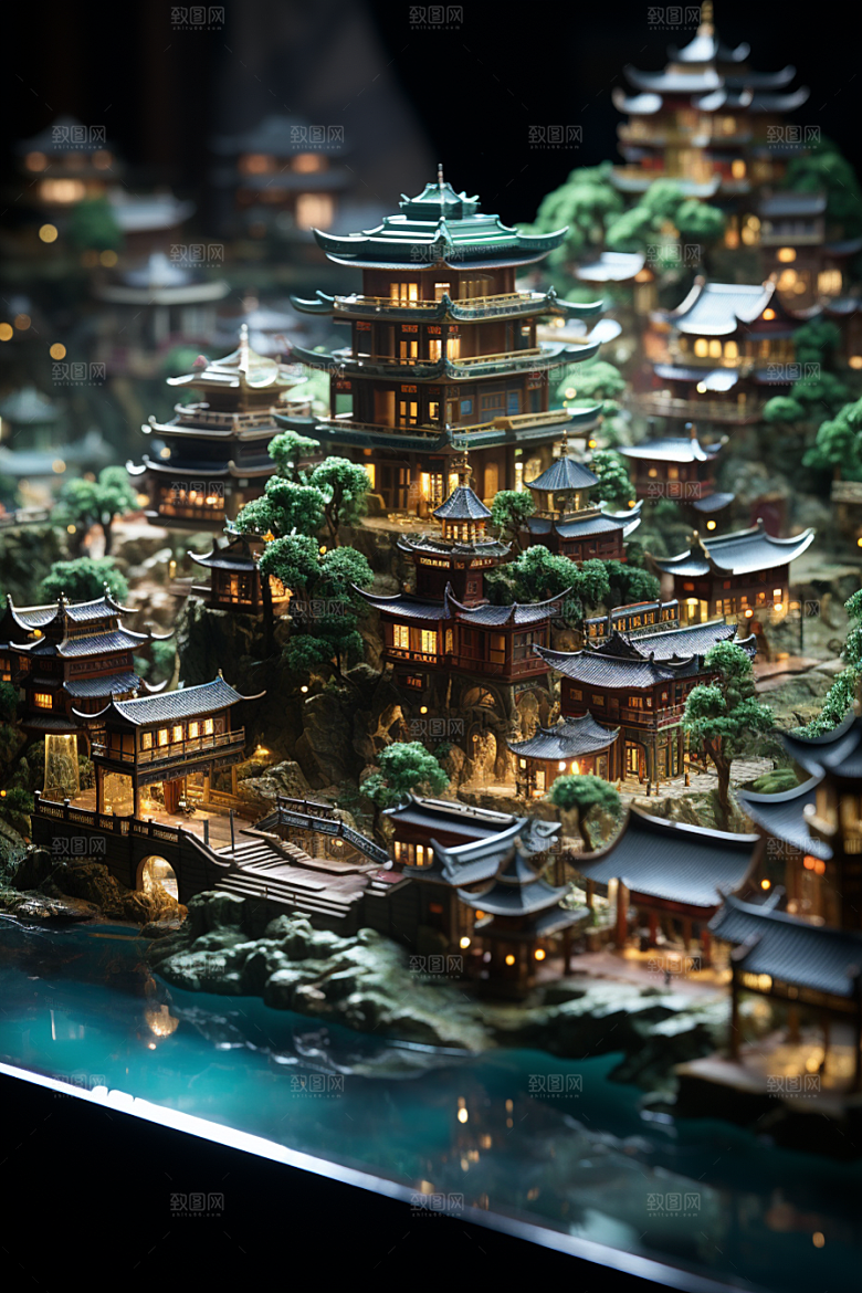 国潮光效建筑赛博朋克山水模型