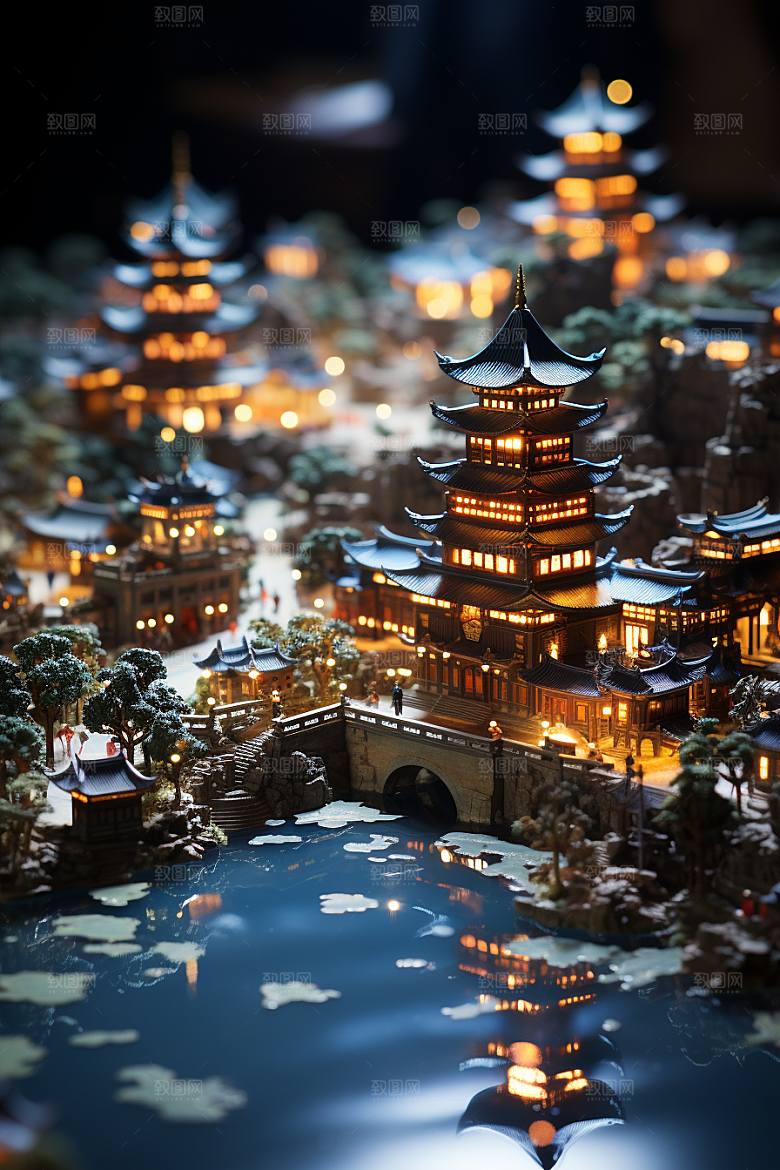 国潮光效建筑立体幻想风模型