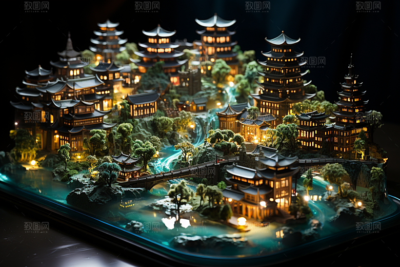 国潮光效建筑传统梦幻模型