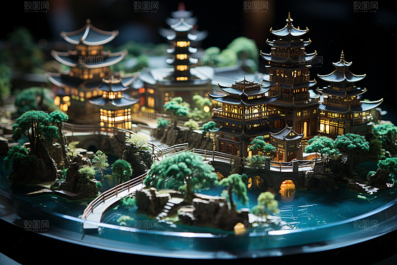 国潮光效建筑时尚幻想风模型