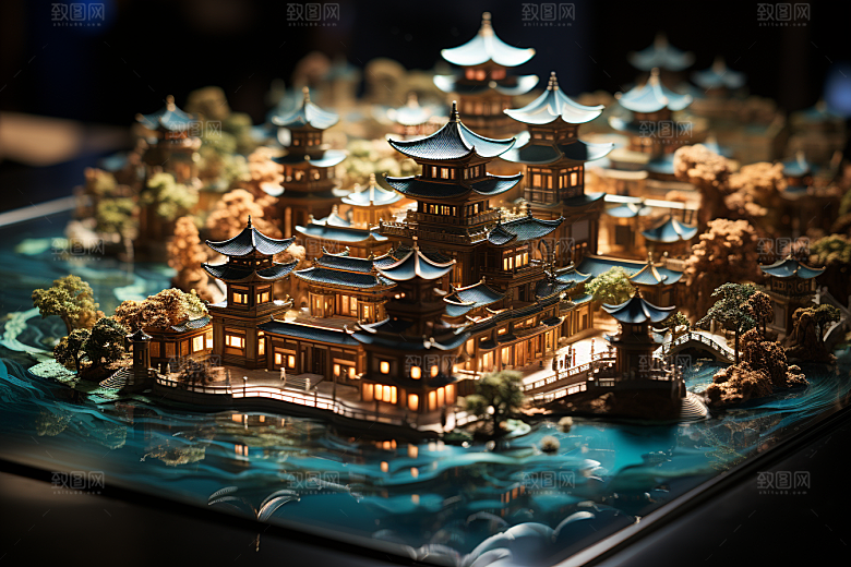 国潮光效建筑质感传统模型