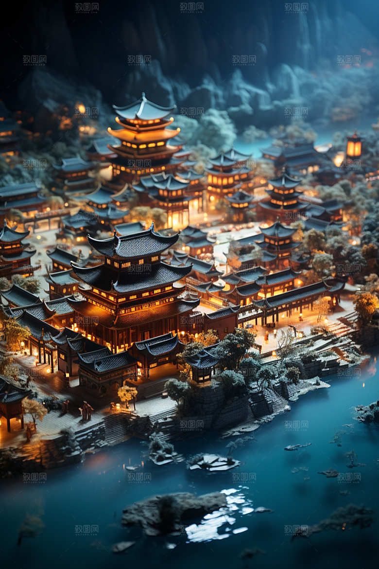 国潮光效建筑立体中国风模型