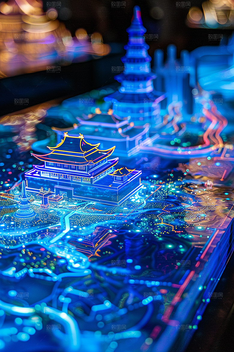 国潮光效建筑3D传统模型
