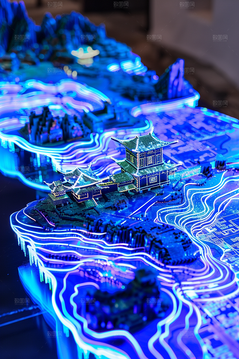 国潮光效建筑质感立体模型