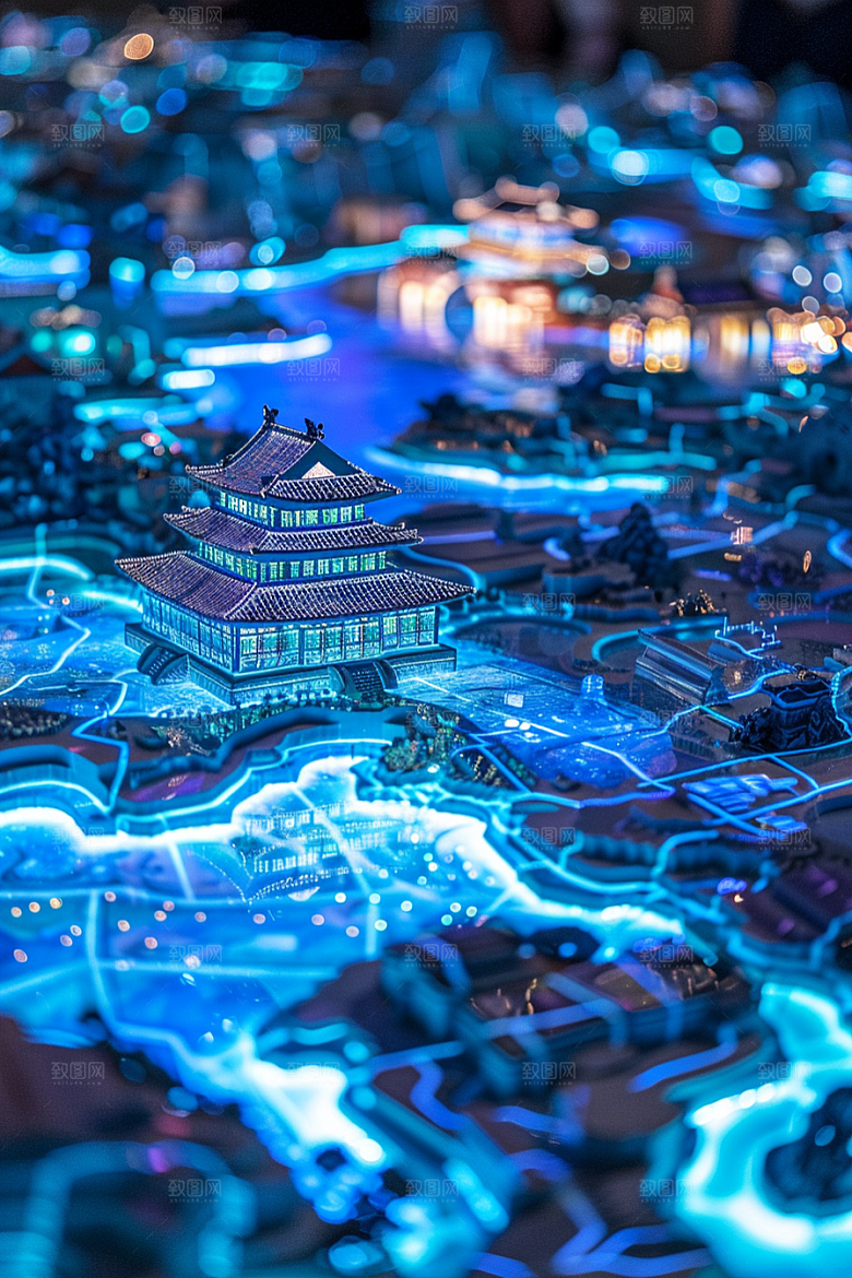 国潮光效建筑山水超现实模型