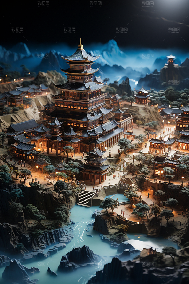 国潮光效建筑微距梦幻模型