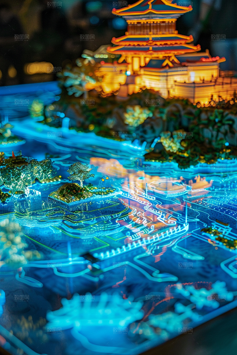 国潮光效建筑3D超现实模型
