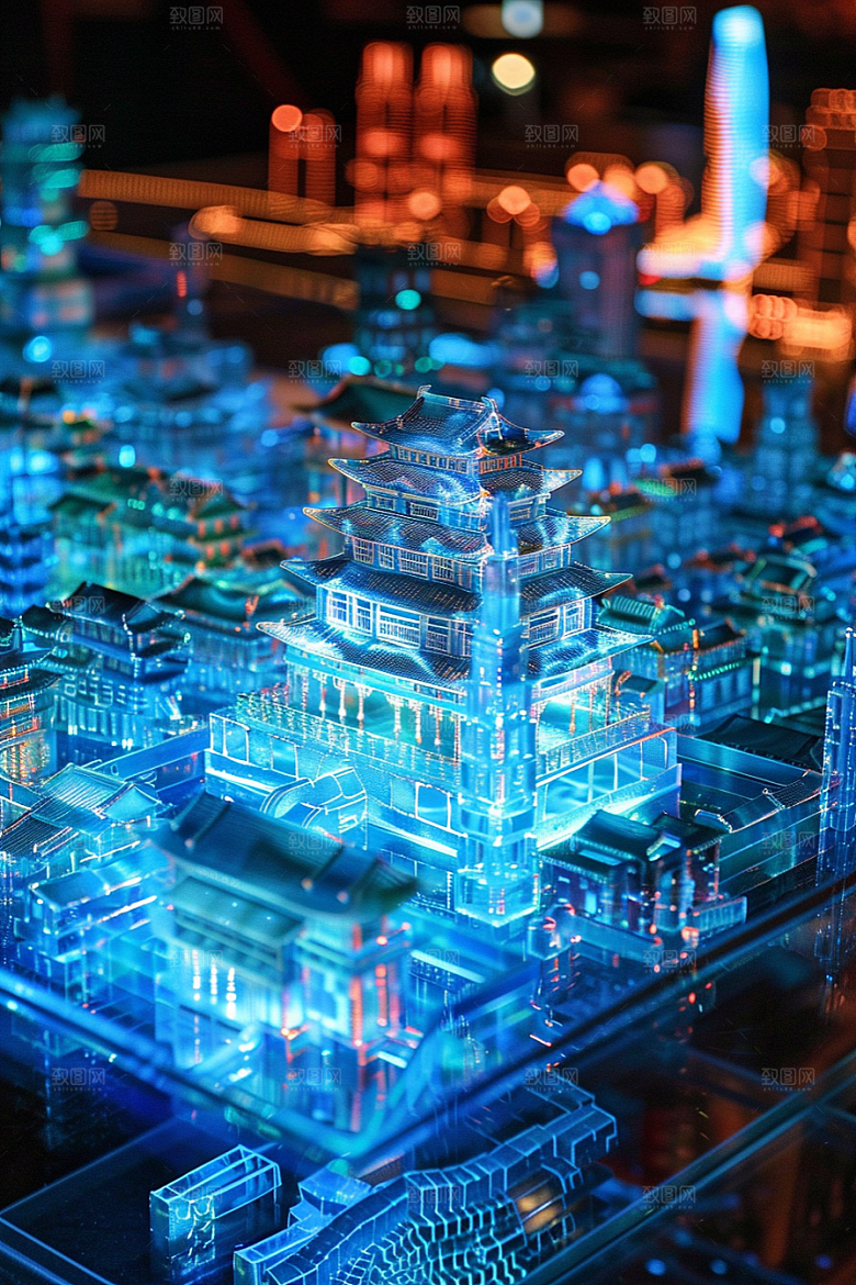 国潮光效建筑幻想风立体模型