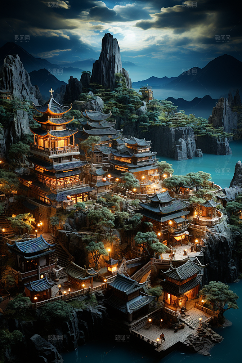 国潮光效建筑传统高清模型