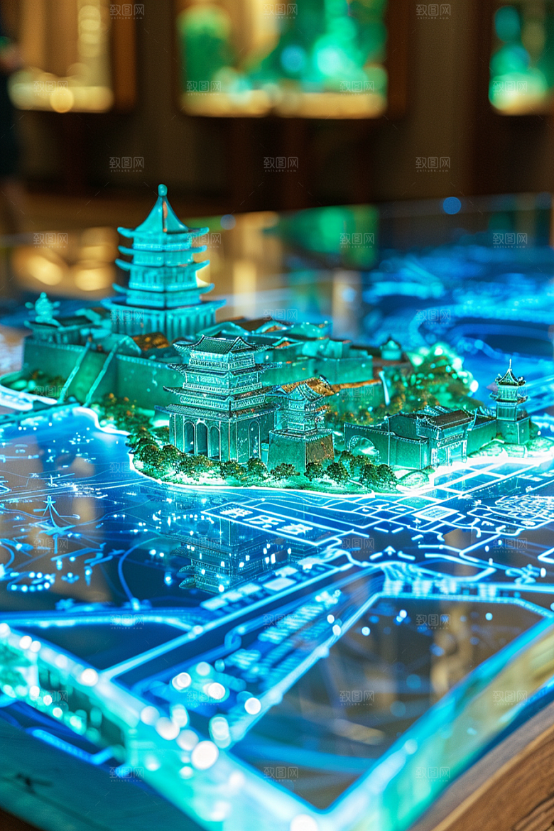 国潮光效建筑梦幻微距模型