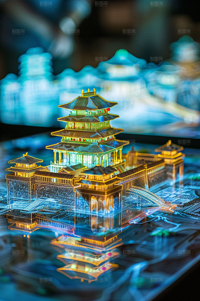 国潮光效建筑高清中国风模型