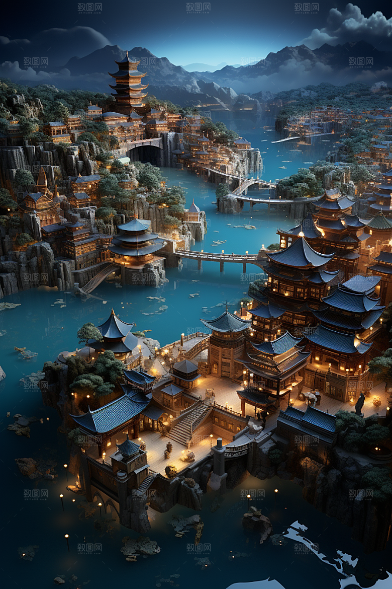国潮光效建筑梦幻幻想风模型