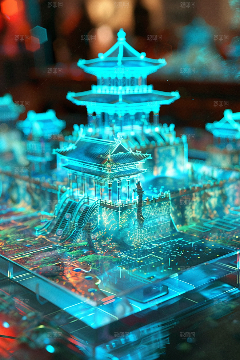 国潮光效建筑梦幻潮流模型