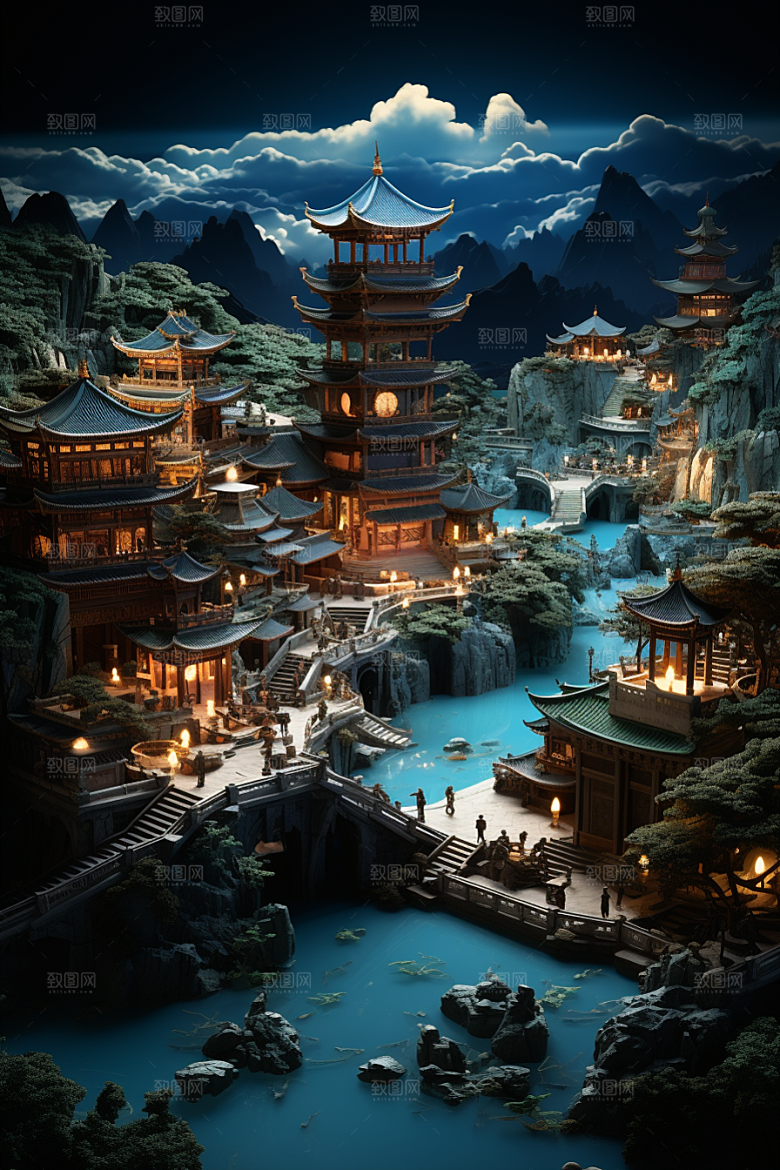 国潮光效建筑传统立体模型