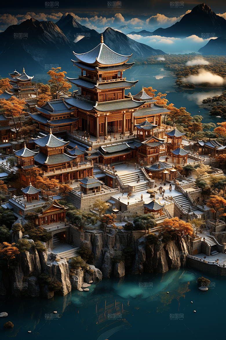 国潮光效建筑超现实山水模型