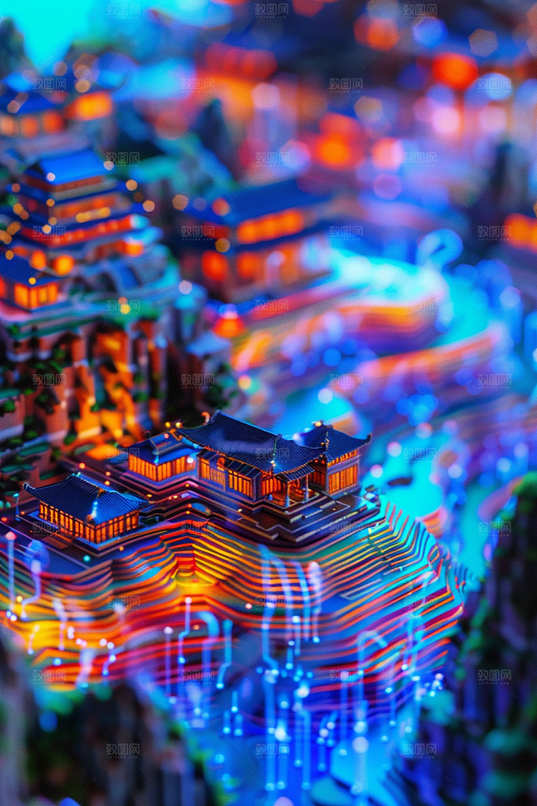 国潮光效建筑幻想风梦幻模型