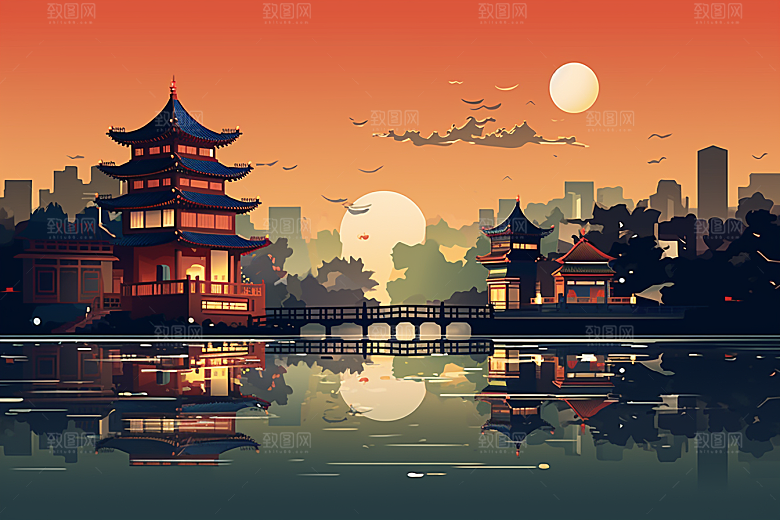 国潮苏州彩色园林插画