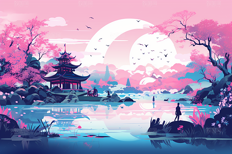 国潮苏州彩色新中式插画