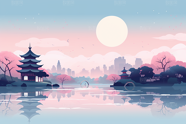 国潮苏州彩色园林插画