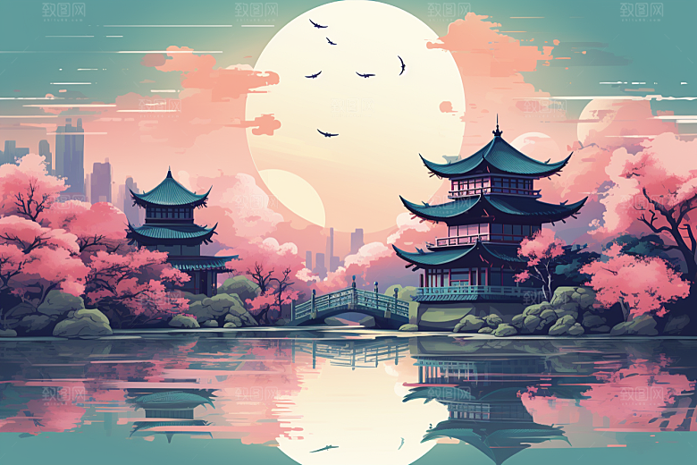 国潮苏州山水中国风插画