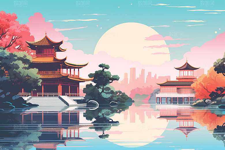 国潮苏州山水中式建筑插画